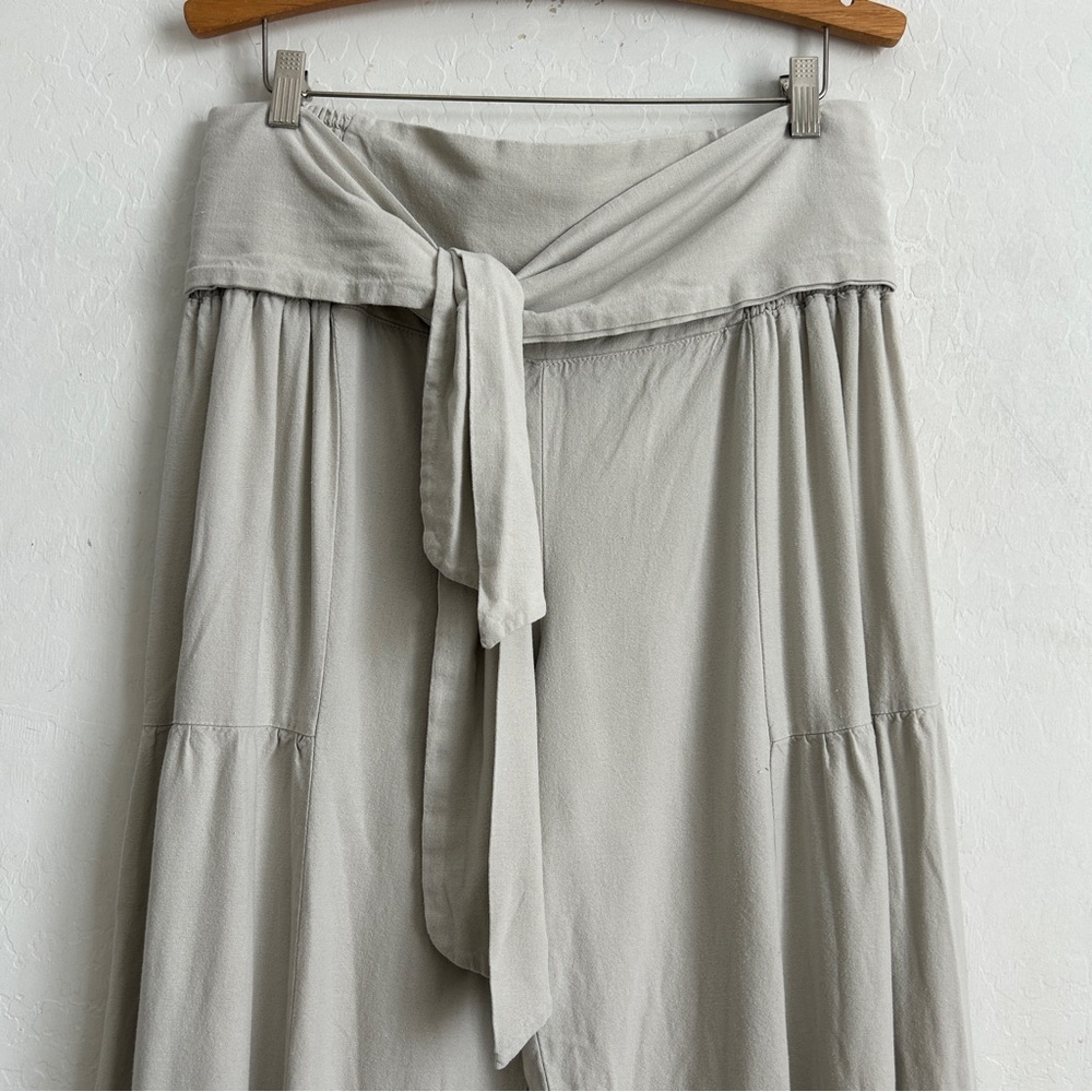 Happily Grey Pants XL Wide Leg Palazzo Tiered Tie Waist Linen Blend Oatmeal - Picture 3 of 11